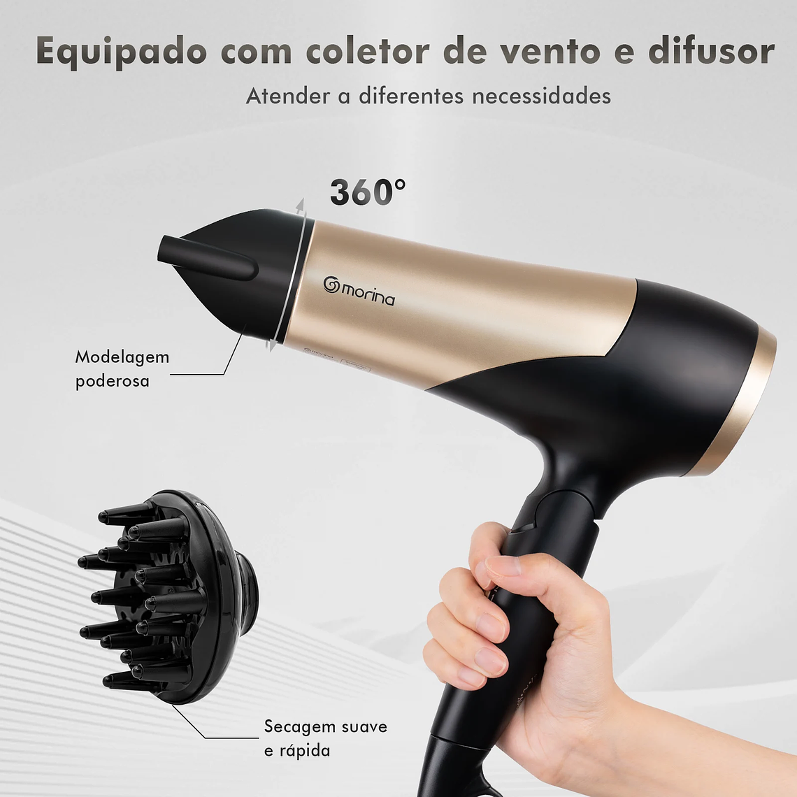 Secador de pelo profesional, 110/220V, 1800W, negro/dorado, de Brasil 4