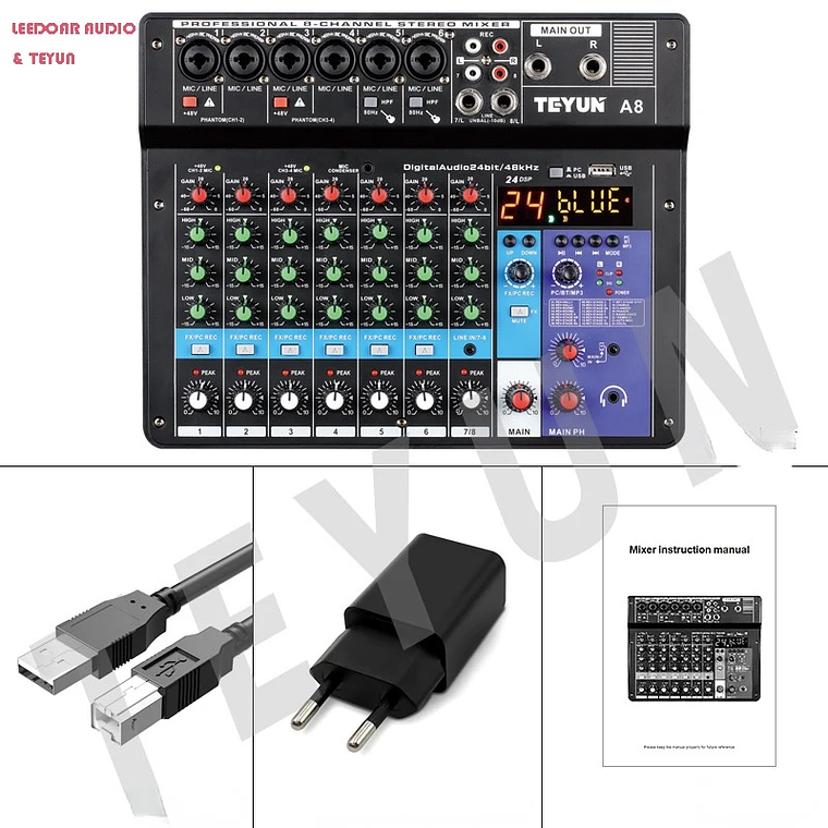 TEYUN 8, 6, mezclador portátil profesional de 4 canales, consola mezcladora de sonido para ordenador, interfaz de Audio, transmisión en vivo A4, A6, A8, 48V 12