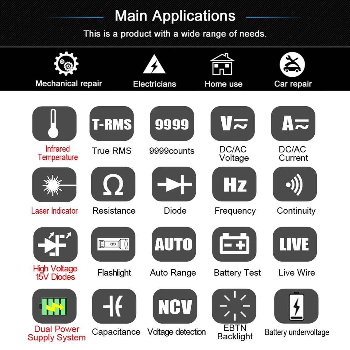 BSIDE-multímetro Digital inteligente de 15V, medidor de temperatura infrarroja, diodo LED, RMS verdadero, 9999 CC, voltaje de CA, recargable, DMM 9