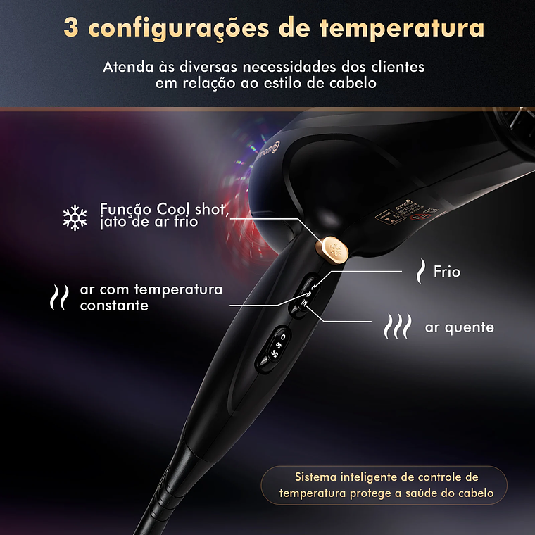 Secador de pelo profesional, 110/220V, 1800W, negro/dorado, de Brasil 15