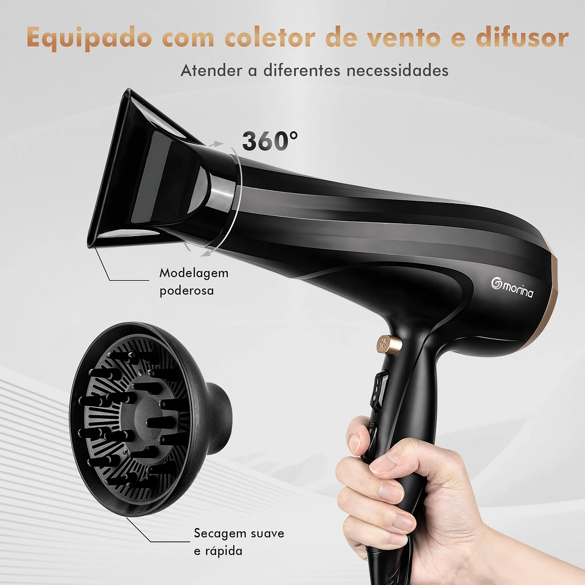 Secador de pelo profesional, 110/220V, 1800W, negro/dorado, de Brasil 16