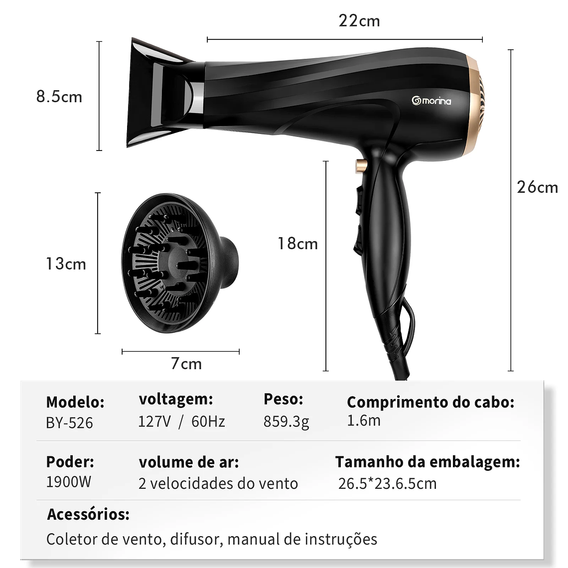 Secador de pelo profesional, 110/220V, 1800W, negro/dorado, de Brasil 19