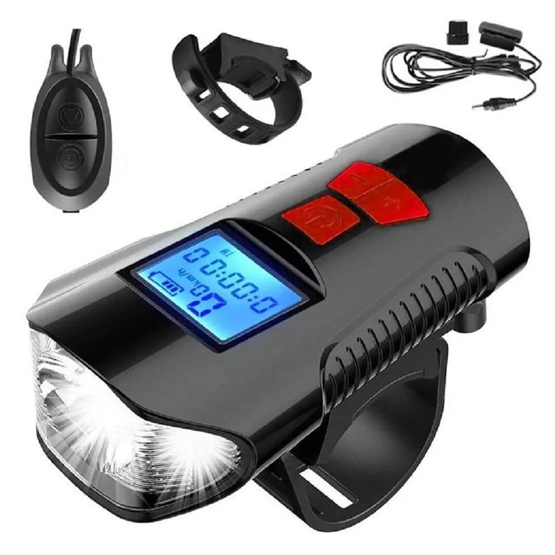 Faro de bicicleta con bocina, linterna LED, velocímetro, USB 2