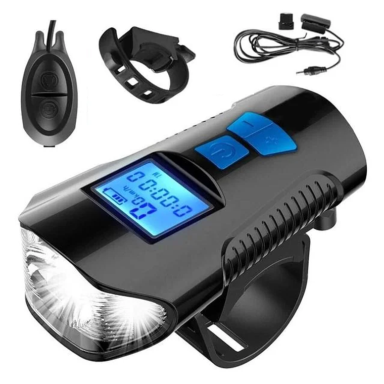 Faro de bicicleta con bocina, linterna LED, velocímetro, USB 8