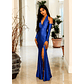 TD New Collection Asymmetrical Metallic Blue Maxi Prom Dress with Slit - Miniatura 3