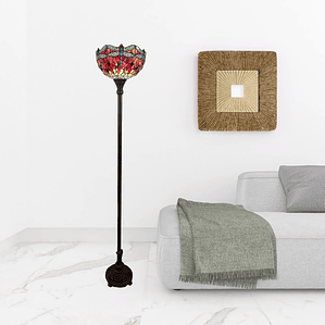 HMS 69 Contemporary LED Torchiere Floor Lamp Black and Red with Dragonfly Glass Dome Shade for Living Room Plastic Body