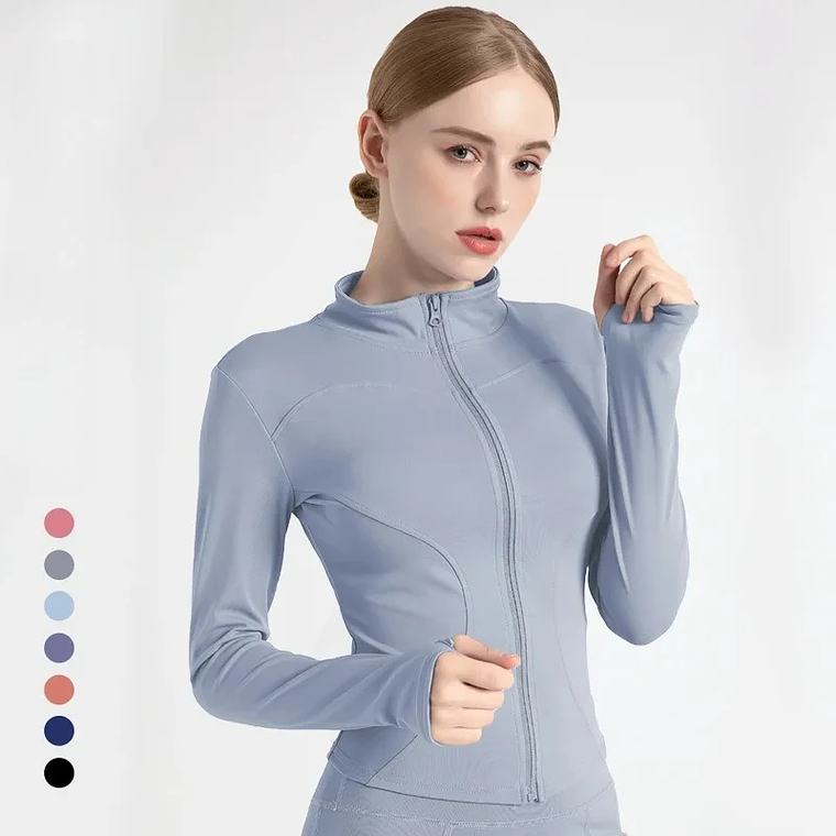 Chaqueta nueva para mujer, ropa de Yoga, abrigo para mujer, redondo, elástico alto, ejercicio, Yoga, Fitness, manga larga, cuello levantado, Tops de Yoga finos 10