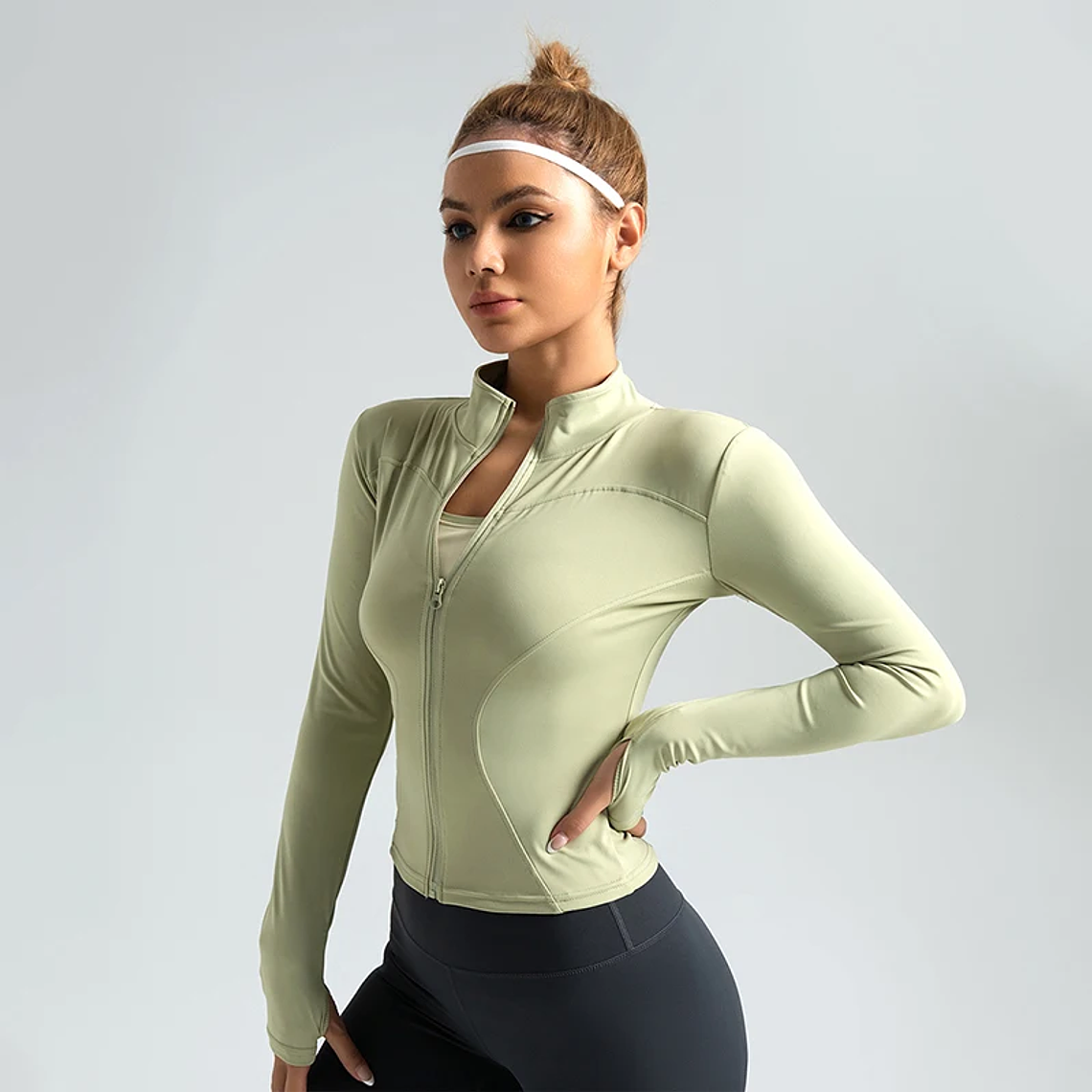 Chaqueta nueva para mujer, ropa de Yoga, abrigo para mujer, redondo, elástico alto, ejercicio, Yoga, Fitness, manga larga, cuello levantado, Tops de Yoga finos 16