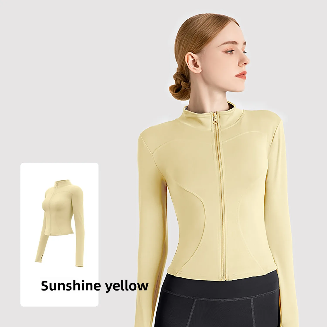 Chaqueta nueva para mujer, ropa de Yoga, abrigo para mujer, redondo, elástico alto, ejercicio, Yoga, Fitness, manga larga, cuello levantado, Tops de Yoga finos 22