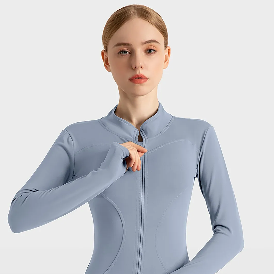 Chaqueta nueva para mujer, ropa de Yoga, abrigo para mujer, redondo, elástico alto, ejercicio, Yoga, Fitness, manga larga, cuello levantado, Tops de Yoga finos 26