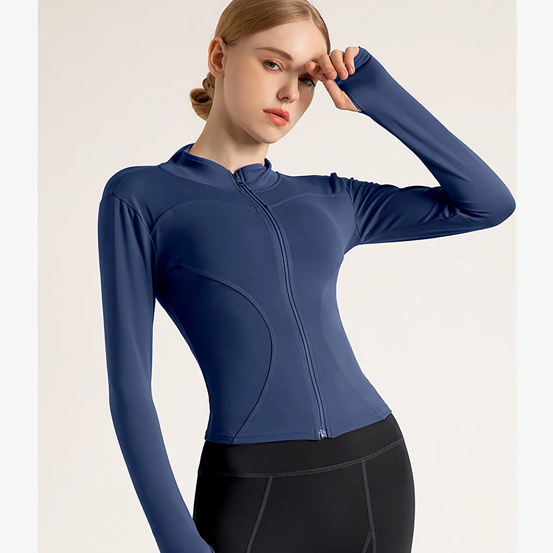 Chaqueta nueva para mujer, ropa de Yoga, abrigo para mujer, redondo, elástico alto, ejercicio, Yoga, Fitness, manga larga, cuello levantado, Tops de Yoga finos 33