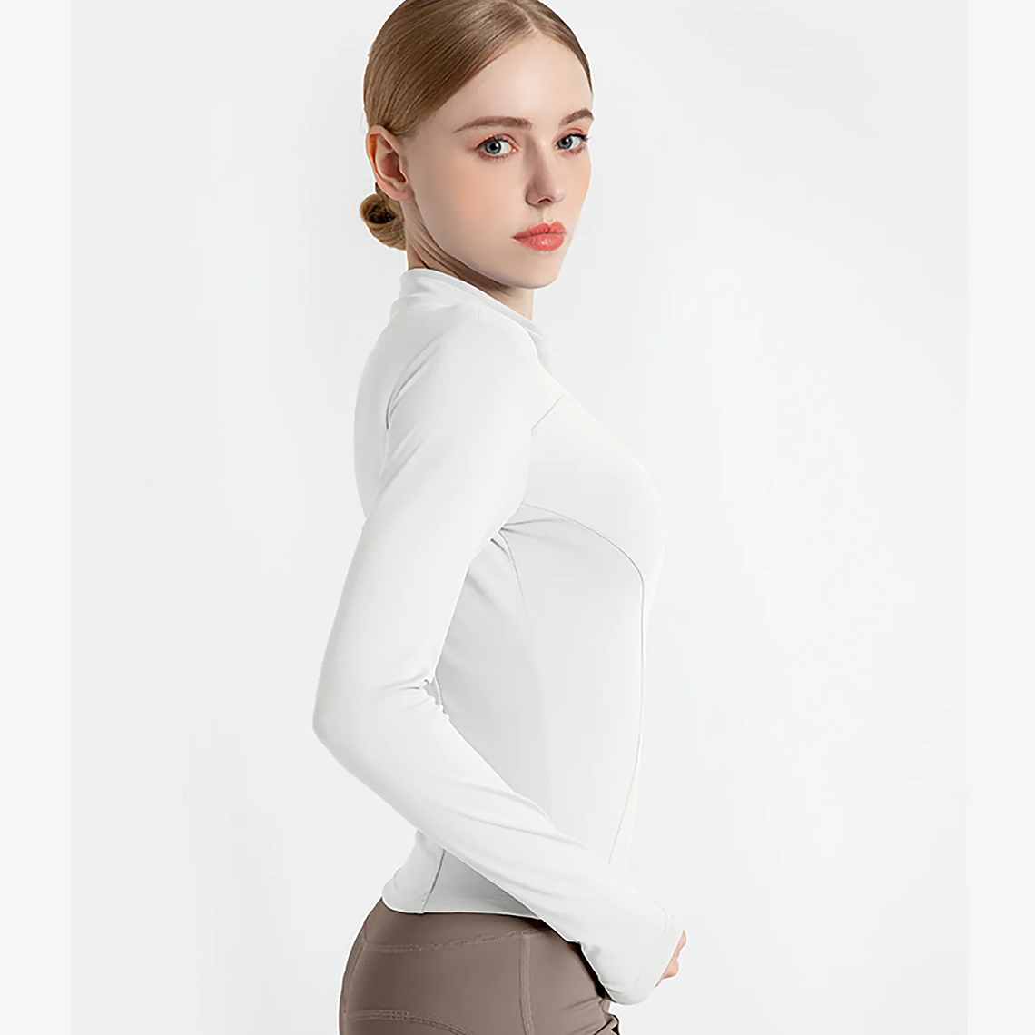 Chaqueta nueva para mujer, ropa de Yoga, abrigo para mujer, redondo, elástico alto, ejercicio, Yoga, Fitness, manga larga, cuello levantado, Tops de Yoga finos 37