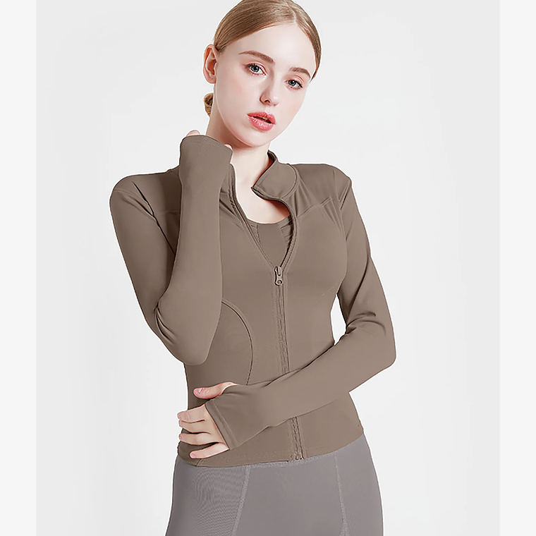 Chaqueta nueva para mujer, ropa de Yoga, abrigo para mujer, redondo, elástico alto, ejercicio, Yoga, Fitness, manga larga, cuello levantado, Tops de Yoga finos 38