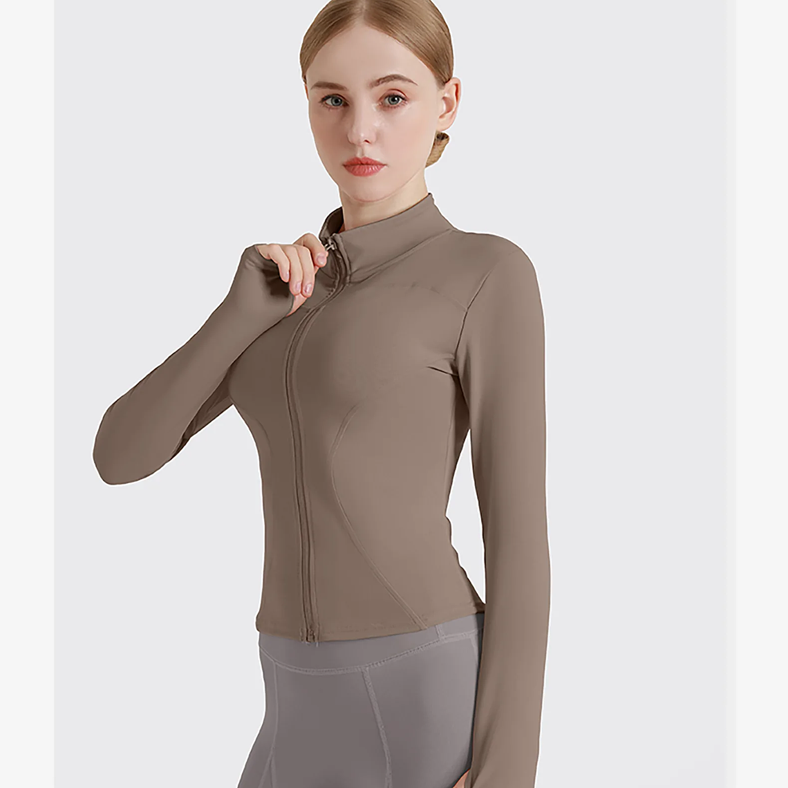 Chaqueta nueva para mujer, ropa de Yoga, abrigo para mujer, redondo, elástico alto, ejercicio, Yoga, Fitness, manga larga, cuello levantado, Tops de Yoga finos 39