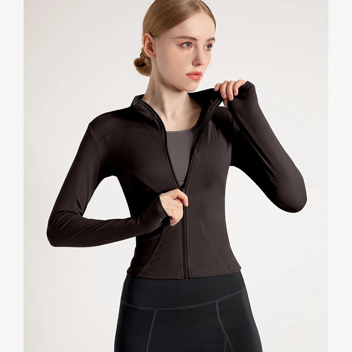 Chaqueta nueva para mujer, ropa de Yoga, abrigo para mujer, redondo, elástico alto, ejercicio, Yoga, Fitness, manga larga, cuello levantado, Tops de Yoga finos 40