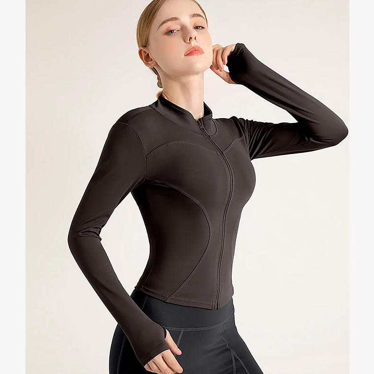 Chaqueta nueva para mujer, ropa de Yoga, abrigo para mujer, redondo, elástico alto, ejercicio, Yoga, Fitness, manga larga, cuello levantado, Tops de Yoga finos 41