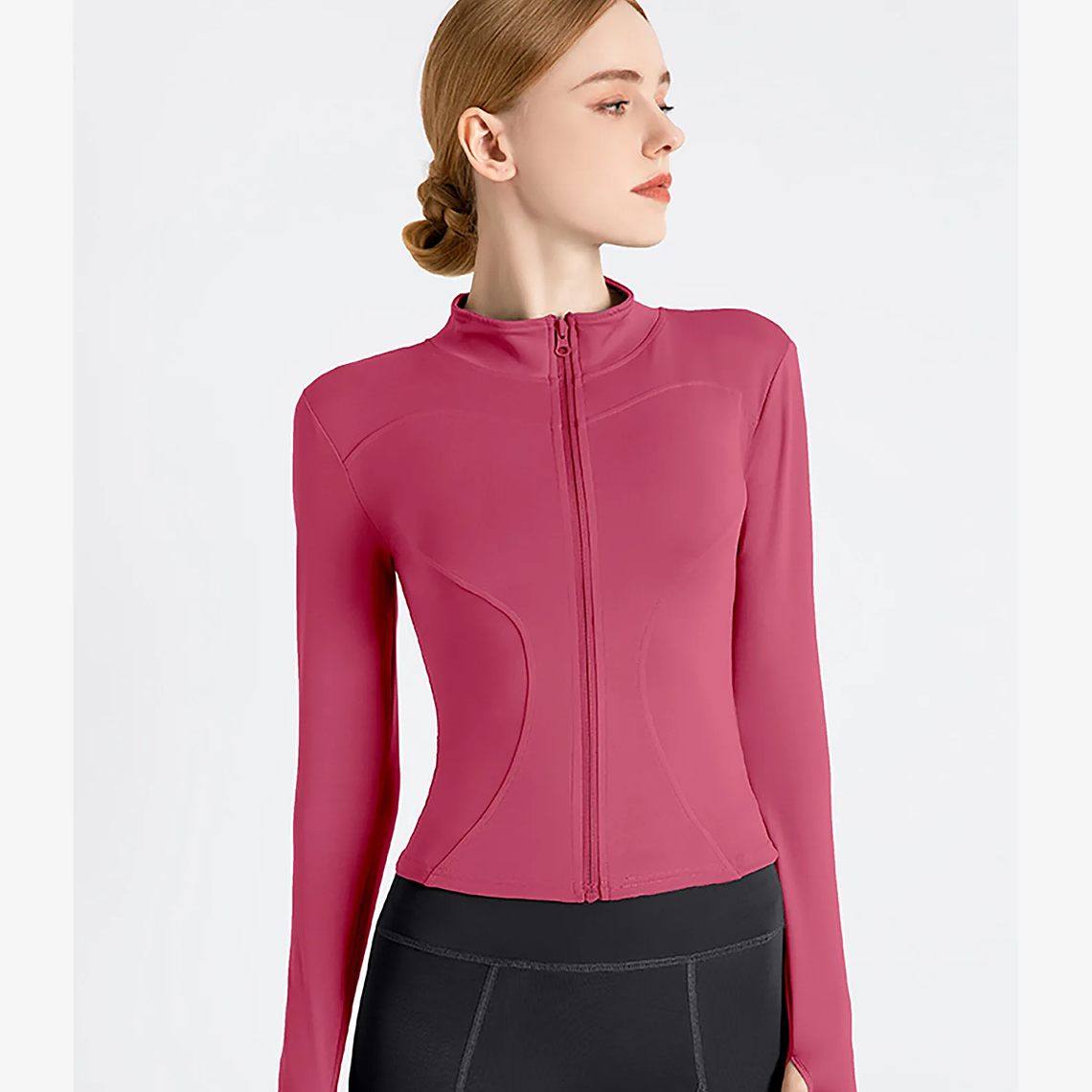 Chaqueta nueva para mujer, ropa de Yoga, abrigo para mujer, redondo, elástico alto, ejercicio, Yoga, Fitness, manga larga, cuello levantado, Tops de Yoga finos 42