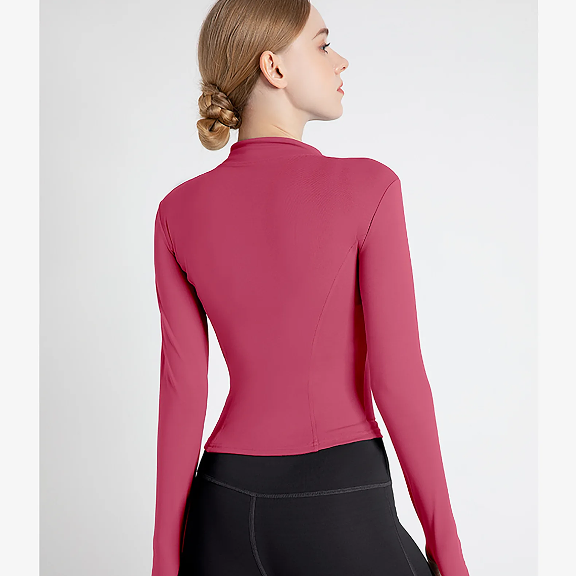 Chaqueta nueva para mujer, ropa de Yoga, abrigo para mujer, redondo, elástico alto, ejercicio, Yoga, Fitness, manga larga, cuello levantado, Tops de Yoga finos 43