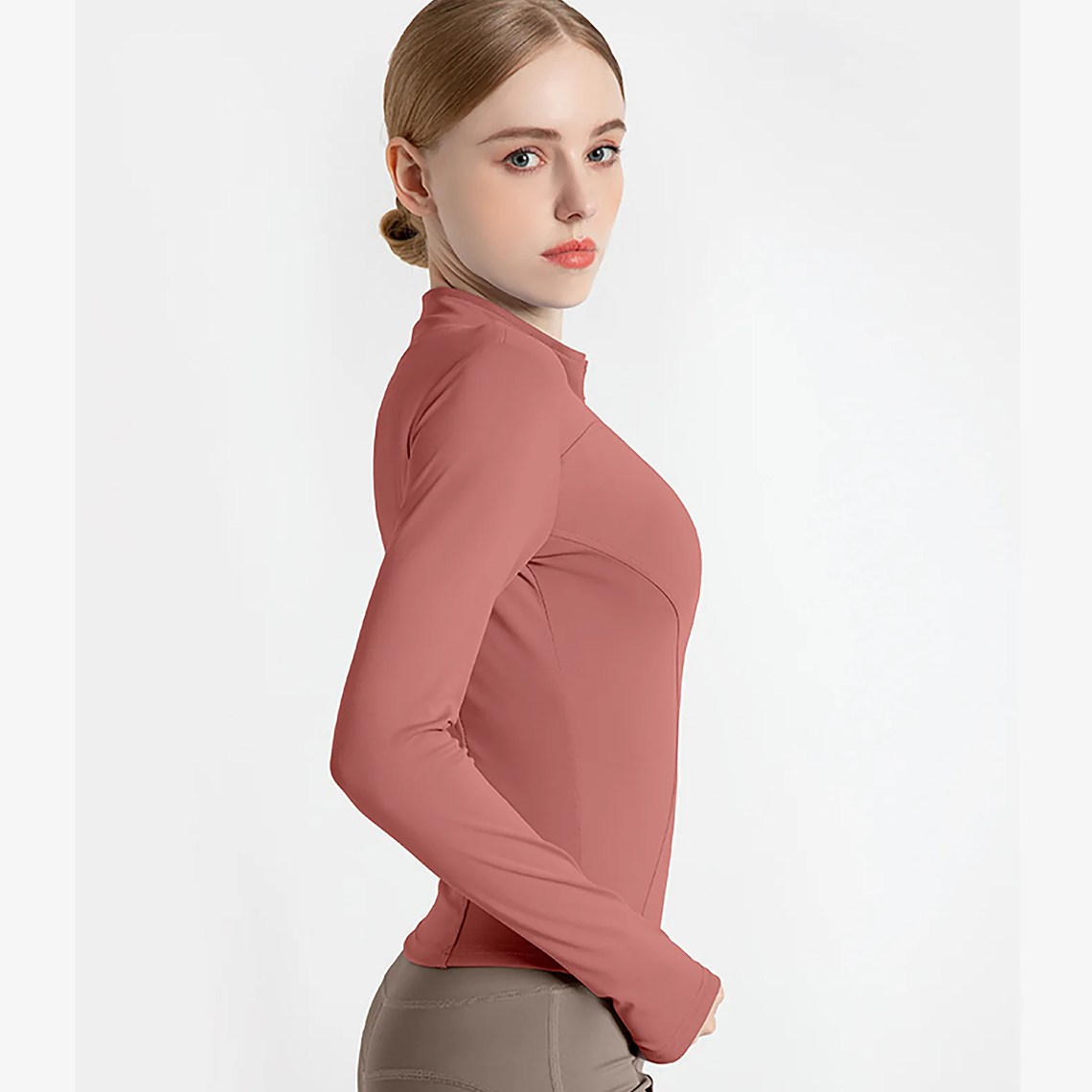 Chaqueta nueva para mujer, ropa de Yoga, abrigo para mujer, redondo, elástico alto, ejercicio, Yoga, Fitness, manga larga, cuello levantado, Tops de Yoga finos 47
