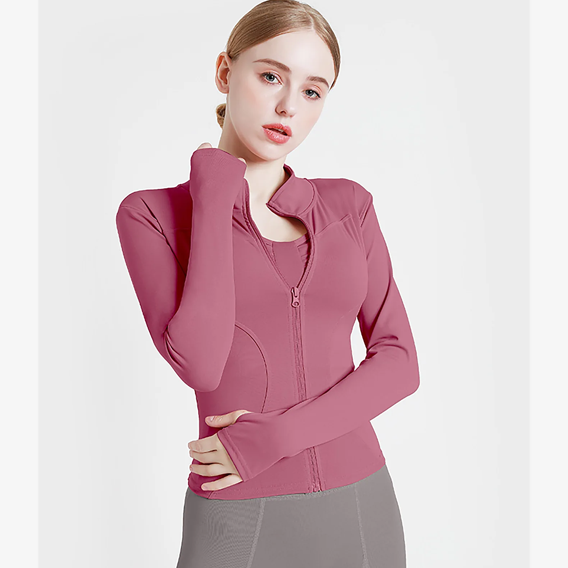 Chaqueta nueva para mujer, ropa de Yoga, abrigo para mujer, redondo, elástico alto, ejercicio, Yoga, Fitness, manga larga, cuello levantado, Tops de Yoga finos 48