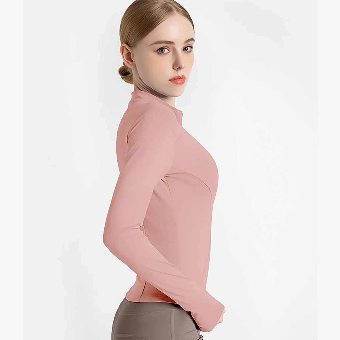 Chaqueta nueva para mujer, ropa de Yoga, abrigo para mujer, redondo, elástico alto, ejercicio, Yoga, Fitness, manga larga, cuello levantado, Tops de Yoga finos 51