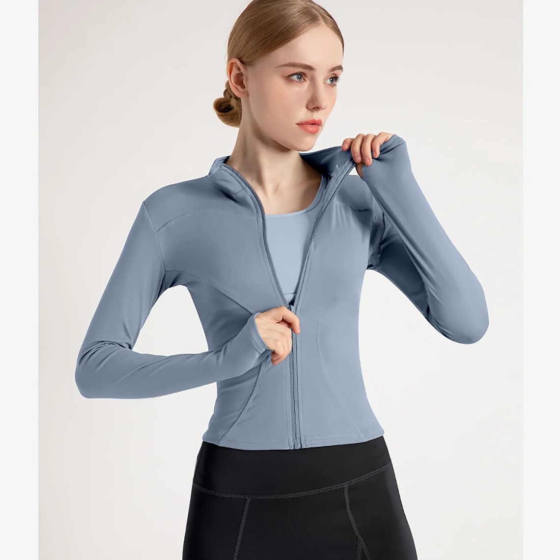 Chaqueta nueva para mujer, ropa de Yoga, abrigo para mujer, redondo, elástico alto, ejercicio, Yoga, Fitness, manga larga, cuello levantado, Tops de Yoga finos 52