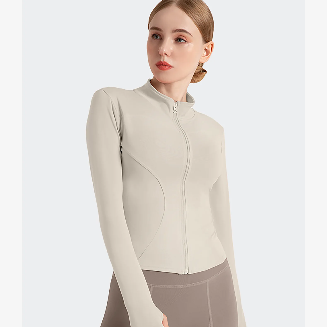 Chaqueta nueva para mujer, ropa de Yoga, abrigo para mujer, redondo, elástico alto, ejercicio, Yoga, Fitness, manga larga, cuello levantado, Tops de Yoga finos 58