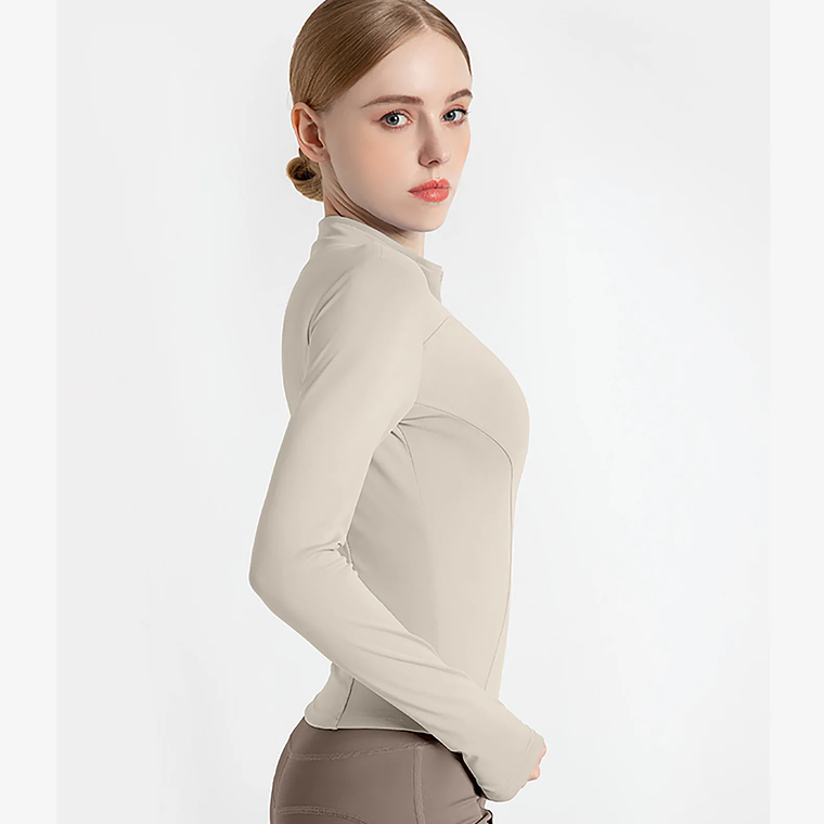 Chaqueta nueva para mujer, ropa de Yoga, abrigo para mujer, redondo, elástico alto, ejercicio, Yoga, Fitness, manga larga, cuello levantado, Tops de Yoga finos 59
