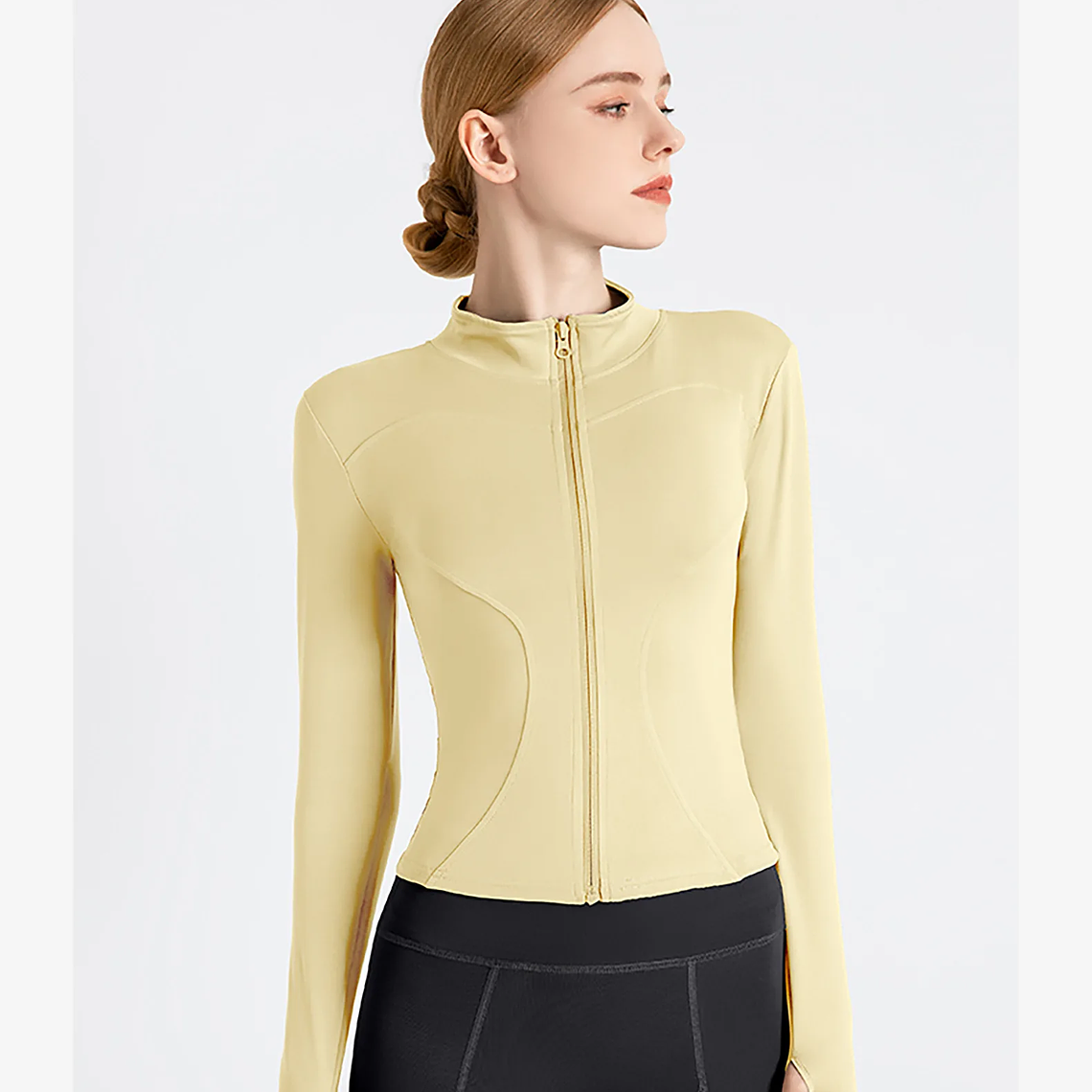 Chaqueta nueva para mujer, ropa de Yoga, abrigo para mujer, redondo, elástico alto, ejercicio, Yoga, Fitness, manga larga, cuello levantado, Tops de Yoga finos 60