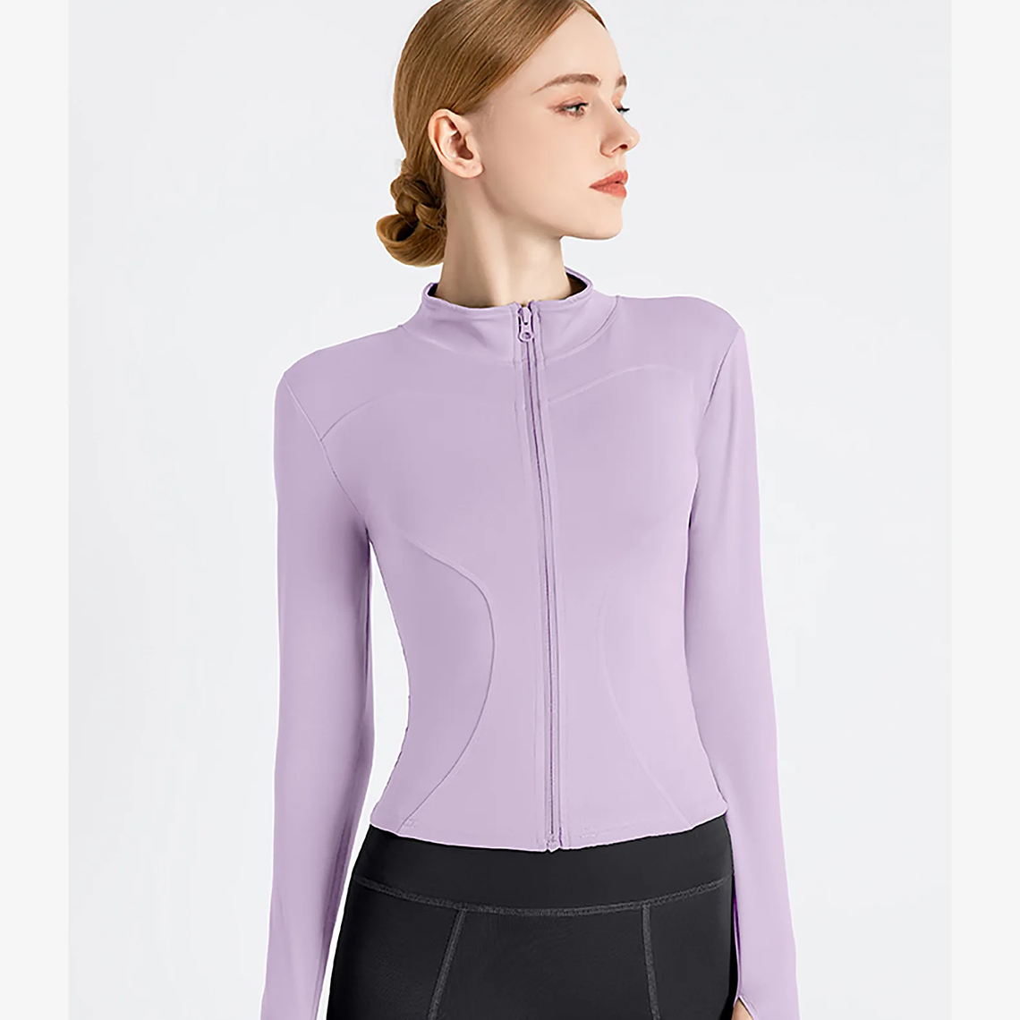 Chaqueta nueva para mujer, ropa de Yoga, abrigo para mujer, redondo, elástico alto, ejercicio, Yoga, Fitness, manga larga, cuello levantado, Tops de Yoga finos 62