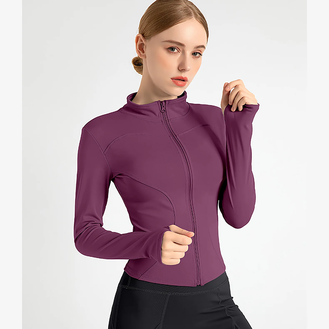 Chaqueta nueva para mujer, ropa de Yoga, abrigo para mujer, redondo, elástico alto, ejercicio, Yoga, Fitness, manga larga, cuello levantado, Tops de Yoga finos 64