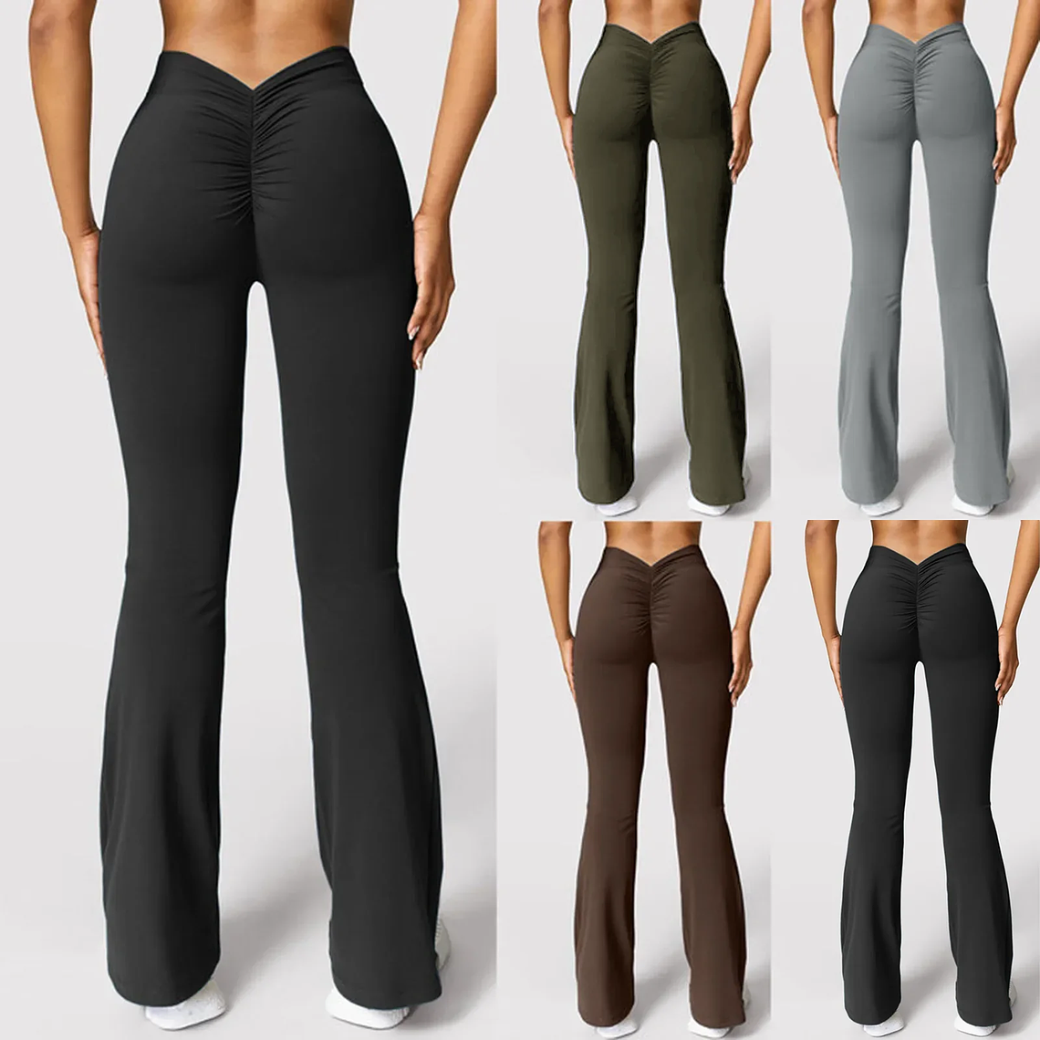 Pantalones acampanados a la moda para mujer, pantalones deportivos con cintura trasera en V, cintura alta, nalgas hermosas, pantalones deportivos, color sólido, ajustados La 1