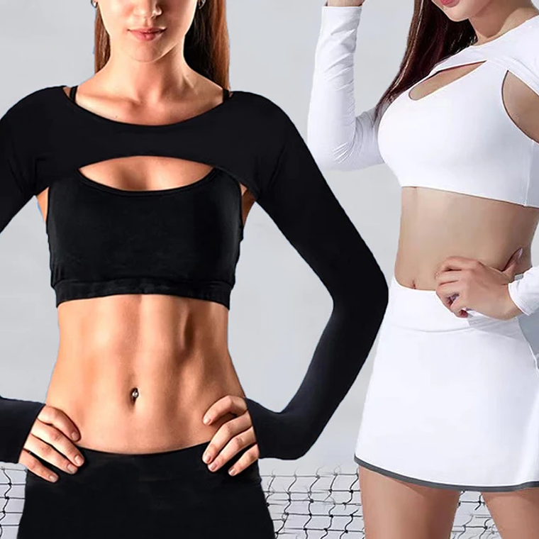 Top corto de manga larga para mujer, Top corto de entrenamiento para gimnasio, camisas recortadas de entrenamiento con frente abierto para Fitness y deportes, ultrafino y Sexy 1