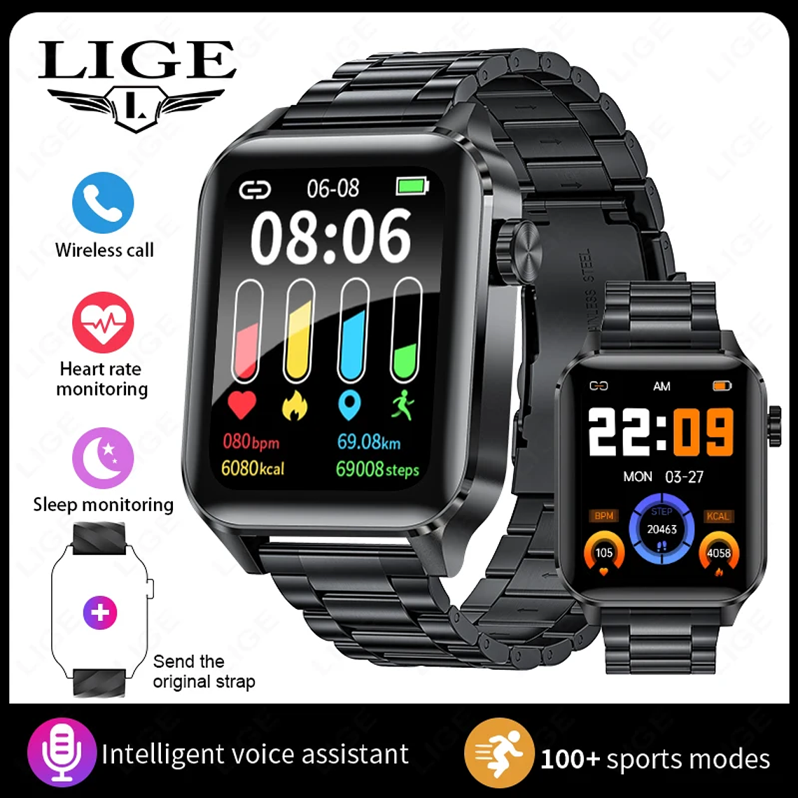 Reloj inteligente LIGE para hombres y mujeres, reloj inteligente deportivo de lujo con pantalla completamente táctil, resistente al agua, para Xiaomi, Huawei, Android, iOS, iPhone 7