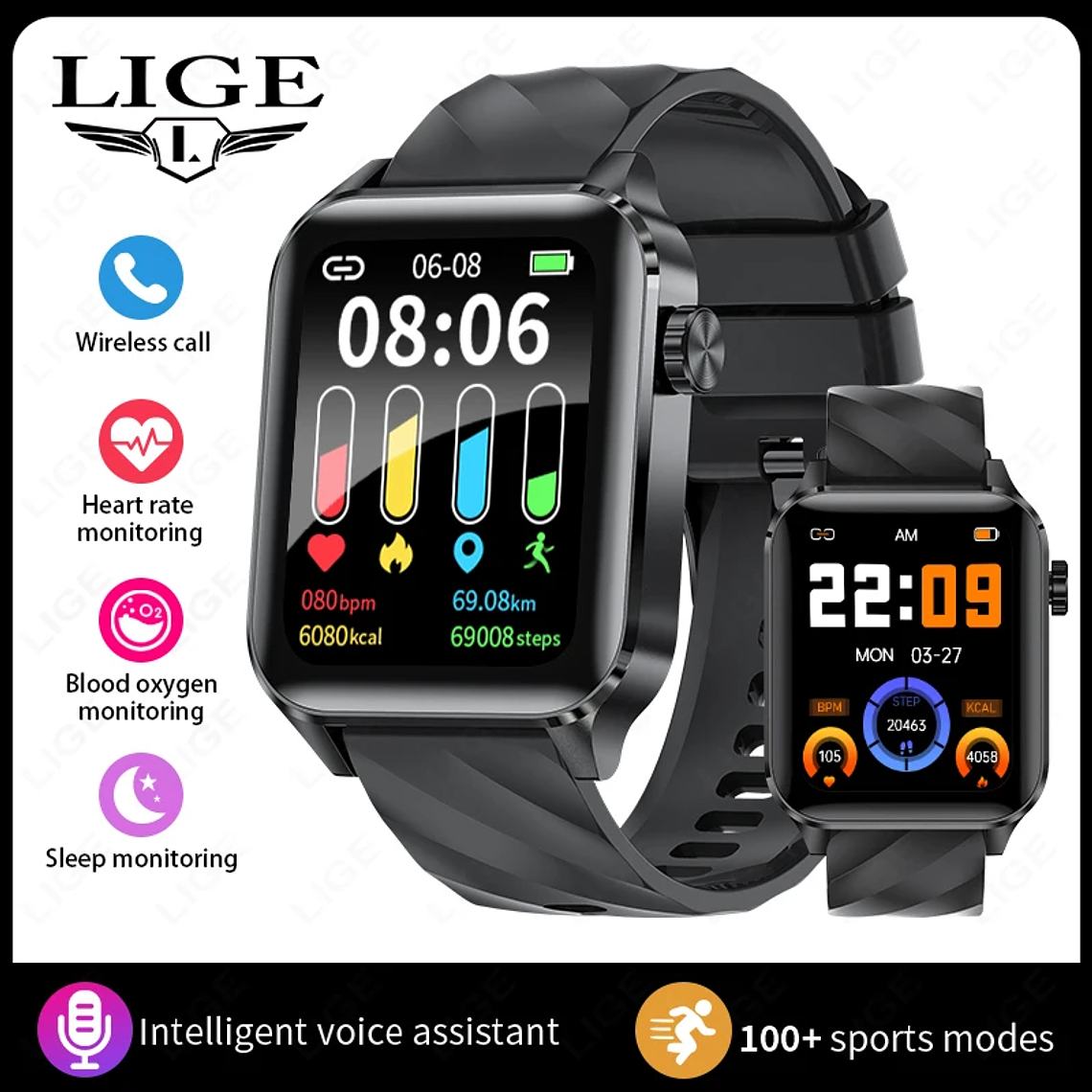 Reloj inteligente LIGE para hombres y mujeres, reloj inteligente deportivo de lujo con pantalla completamente táctil, resistente al agua, para Xiaomi, Huawei, Android, iOS, iPhone 8