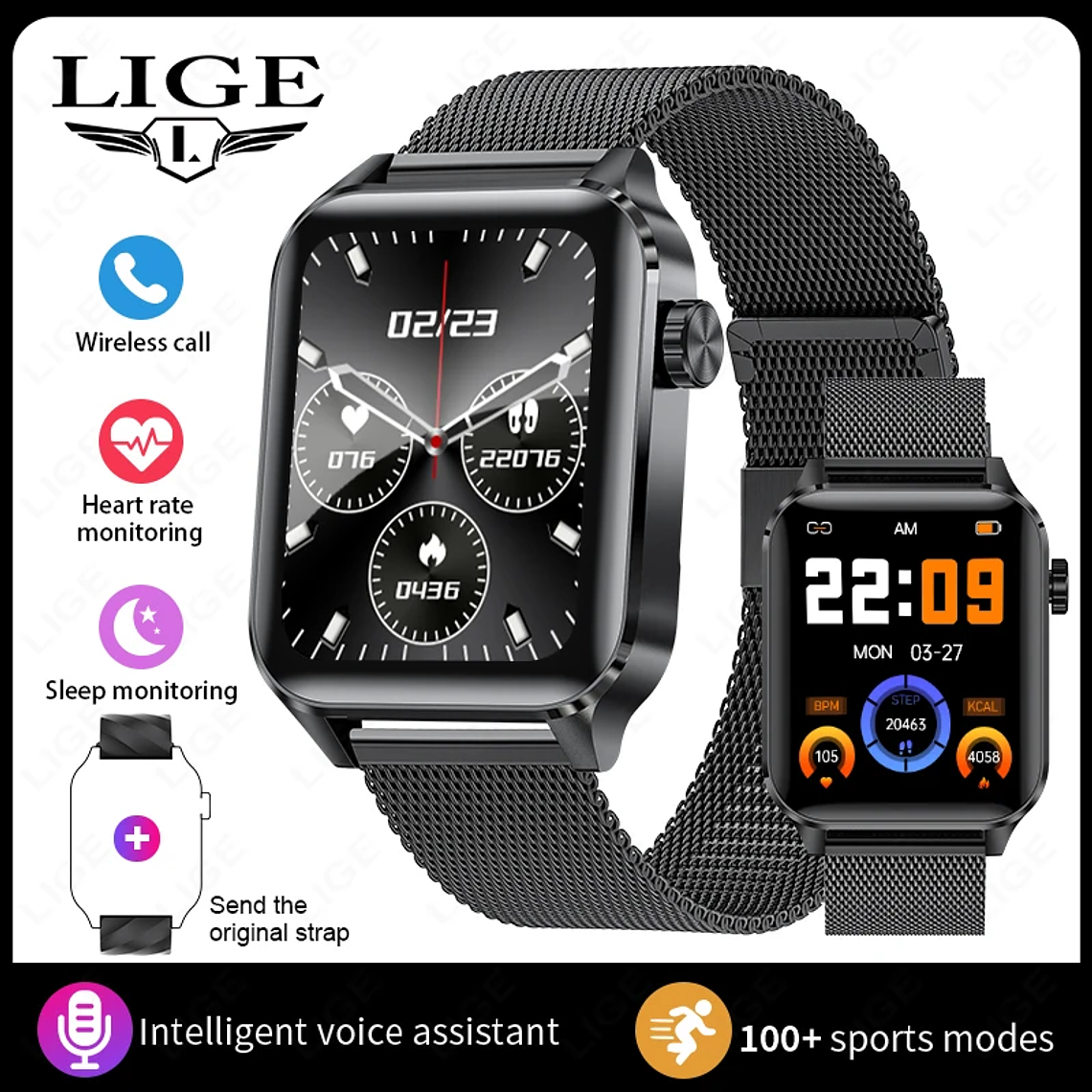 Reloj inteligente LIGE para hombres y mujeres, reloj inteligente deportivo de lujo con pantalla completamente táctil, resistente al agua, para Xiaomi, Huawei, Android, iOS, iPhone 10