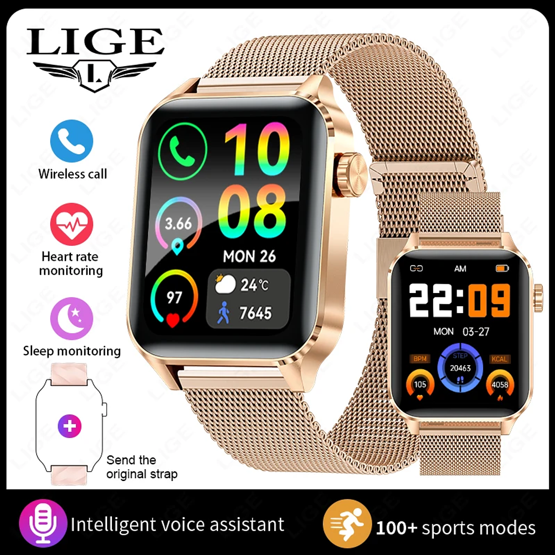 Reloj inteligente LIGE para hombres y mujeres, reloj inteligente deportivo de lujo con pantalla completamente táctil, resistente al agua, para Xiaomi, Huawei, Android, iOS, iPhone 12
