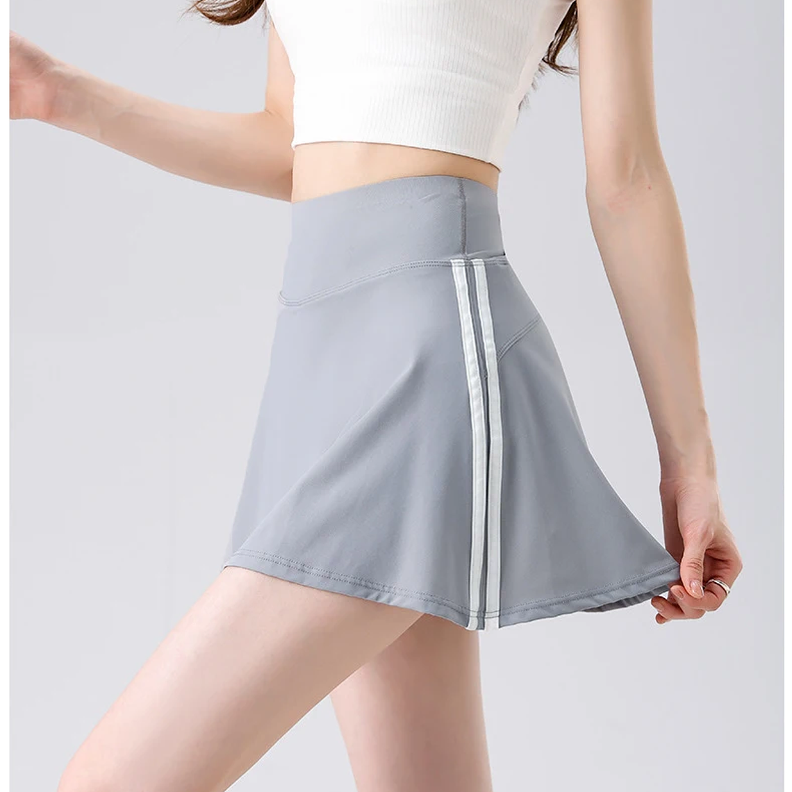 BIVIGAOS verano doble raya deporte tenis faldas cortas mujeres falso dos piezas estiramiento correr Fitness Golf A-line Yoga Mini falda 25