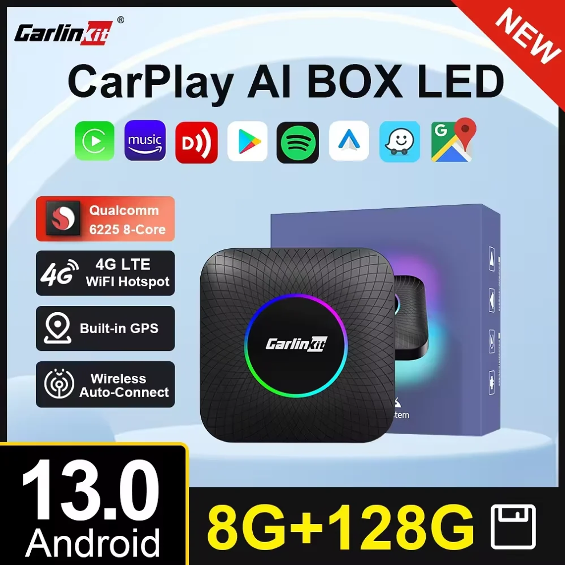 8G+128G Carlinkit CarPlay Ai Box LED Android 13 Inalámbrico Android Auto CarPlay Video TV Box Qualcomm SM6225 Caja de transmisión de 8 núcleos para VW Ford Kia Toyota Honda Benz MG BYD Mazda 1
