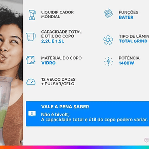 Licuadora de Vidrio Mondial Turbo L-1400 GI - 220V