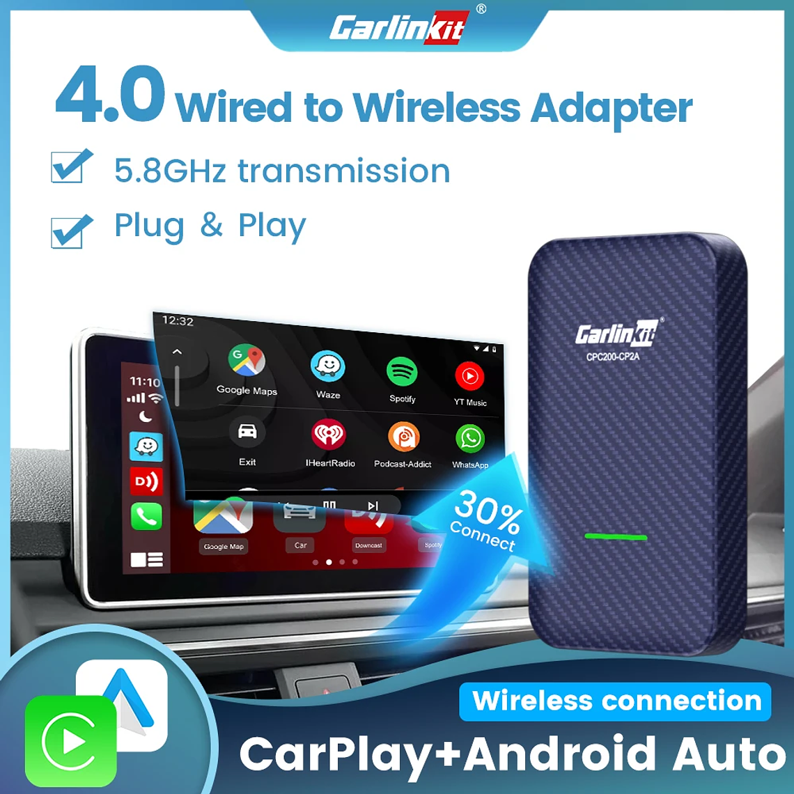 Carlinkit 4,0 CarPlay inalámbrico Android Auto cableado a adaptador inalámbrico para Vw Skoda Toyota Peugeot Kia Mazda IPhone teléfono Android 1