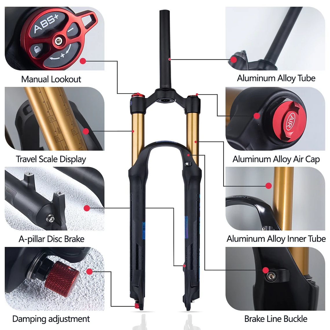 BOLANY R29 Horquilla de Bicicleta con Ajuste de Rebote Suspensión Delantera de Aire MTB 26/27.5/29 Pulgadas Recorrido de 120 mm Horquilla de 9x100mm Liberación Rápida Accesorios para Bicicletas Hor 4