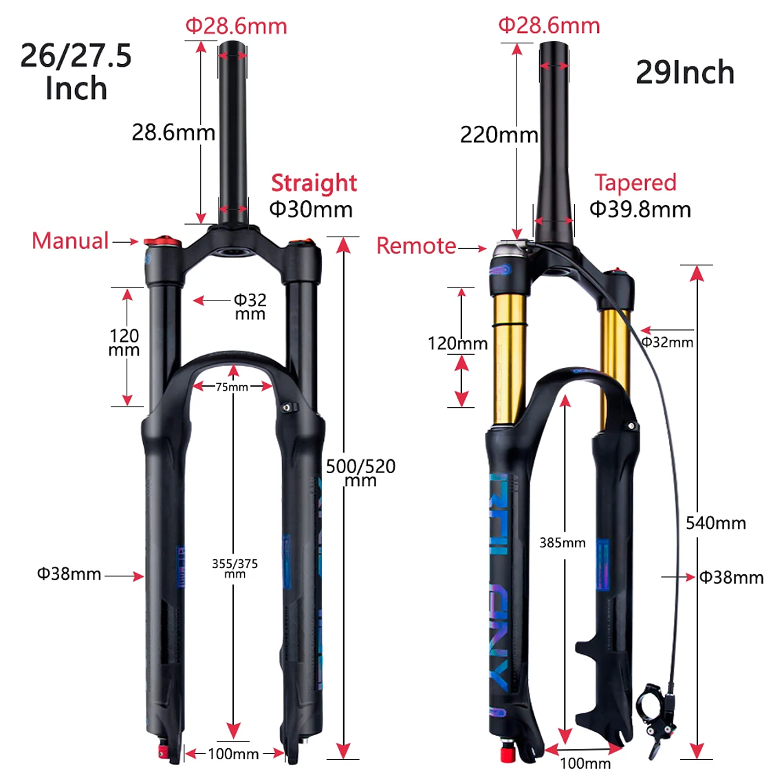 BOLANY R29 Horquilla de Bicicleta con Ajuste de Rebote Suspensión Delantera de Aire MTB 26/27.5/29 Pulgadas Recorrido de 120 mm Horquilla de 9x100mm Liberación Rápida Accesorios para Bicicletas Hor 6