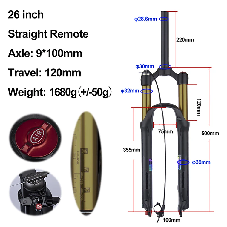 BOLANY R29 Horquilla de Bicicleta con Ajuste de Rebote Suspensión Delantera de Aire MTB 26/27.5/29 Pulgadas Recorrido de 120 mm Horquilla de 9x100mm Liberación Rápida Accesorios para Bicicletas Hor 8