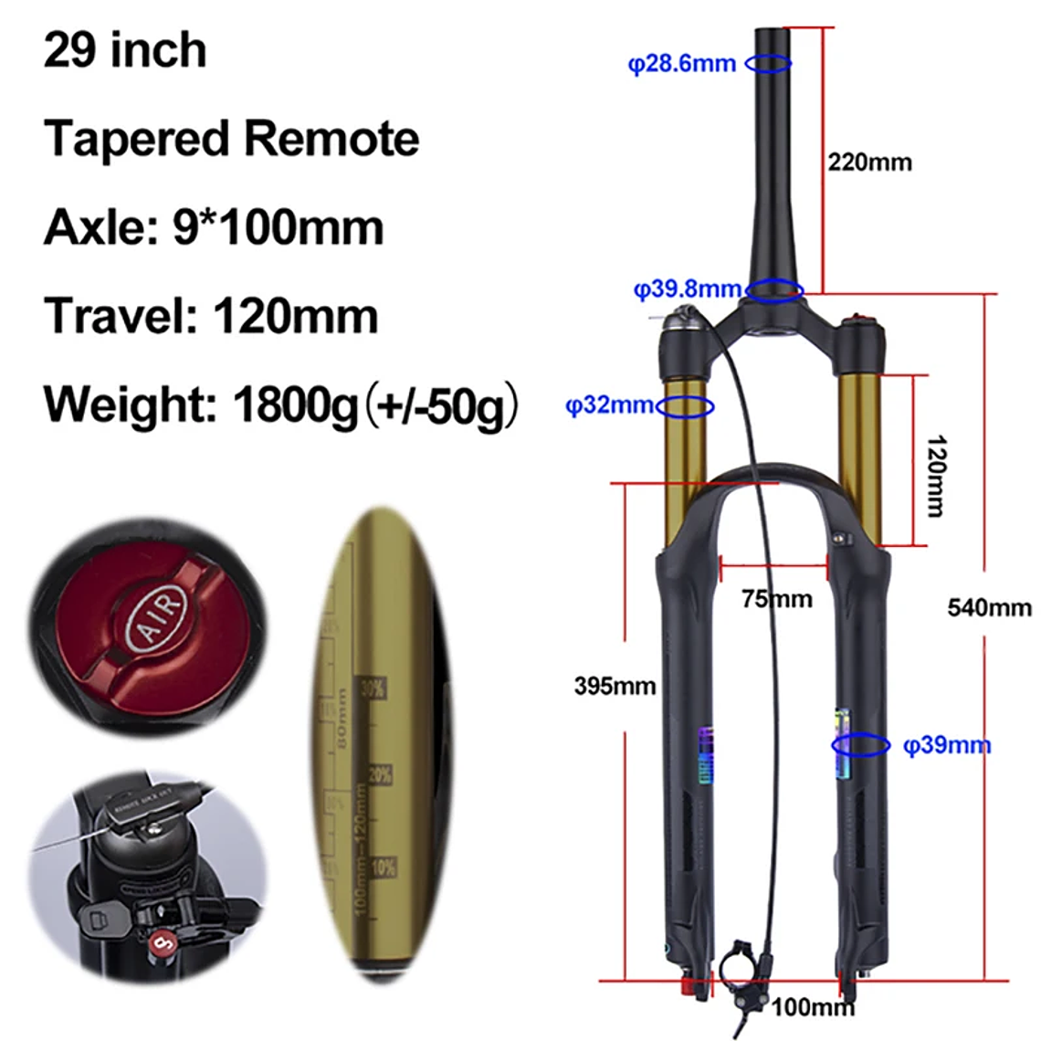BOLANY R29 Horquilla de Bicicleta con Ajuste de Rebote Suspensión Delantera de Aire MTB 26/27.5/29 Pulgadas Recorrido de 120 mm Horquilla de 9x100mm Liberación Rápida Accesorios para Bicicletas Hor 9