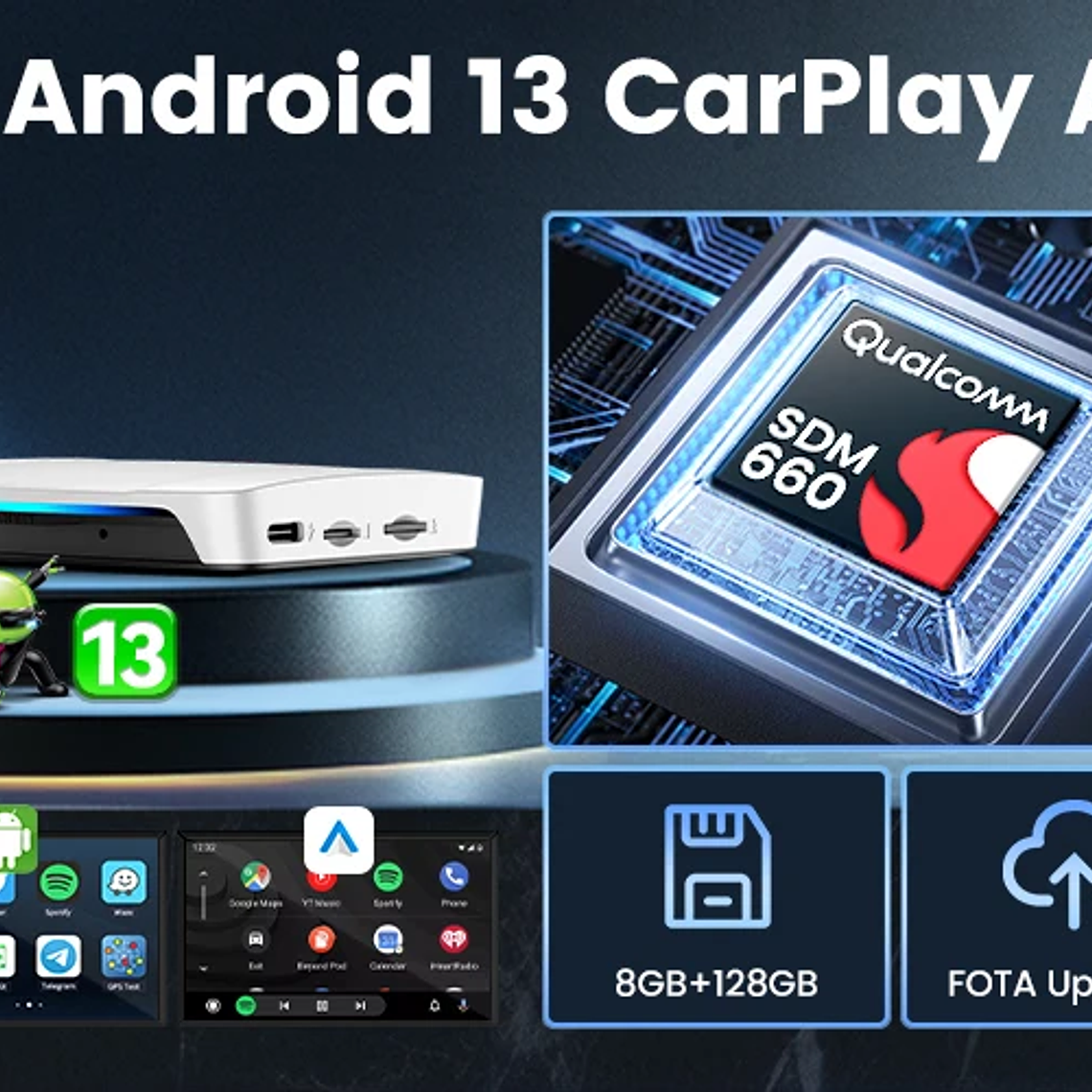 8G+128G Carlinkit CarPlay Ai Box LED Android 13 Inalámbrico Android Auto CarPlay Video TV Box Qualcomm SM6225 Caja de transmisión de 8 núcleos para VW Ford Kia Toyota Honda Benz MG BYD Mazda 12