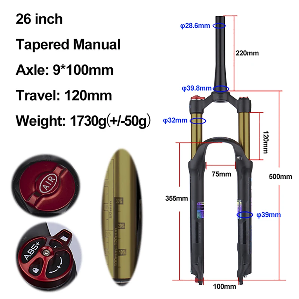 BOLANY R29 Horquilla de Bicicleta con Ajuste de Rebote Suspensión Delantera de Aire MTB 26/27.5/29 Pulgadas Recorrido de 120 mm Horquilla de 9x100mm Liberación Rápida Accesorios para Bicicletas Hor 10