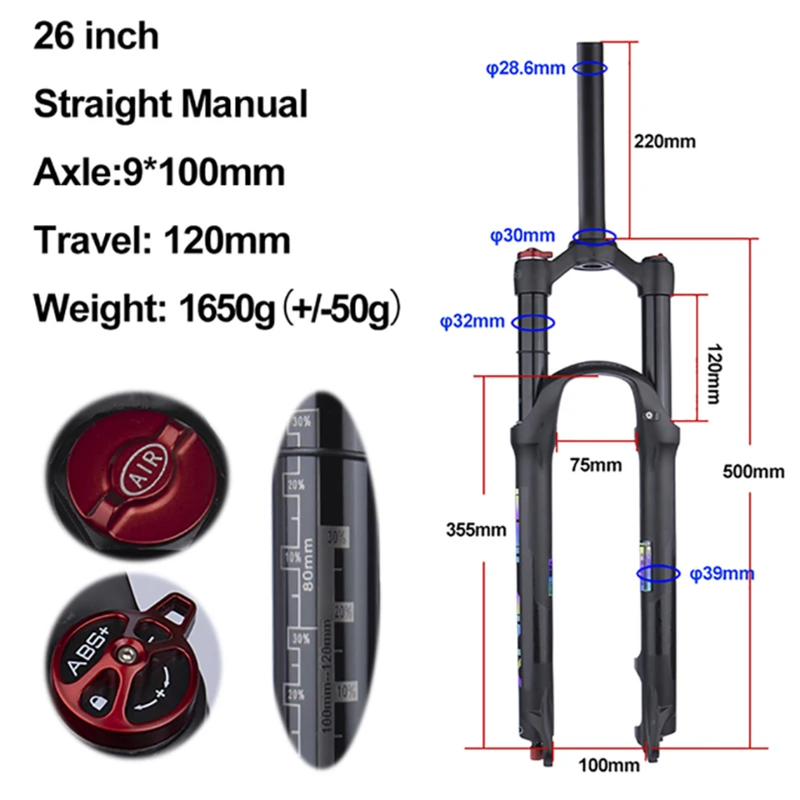 BOLANY R29 Horquilla de Bicicleta con Ajuste de Rebote Suspensión Delantera de Aire MTB 26/27.5/29 Pulgadas Recorrido de 120 mm Horquilla de 9x100mm Liberación Rápida Accesorios para Bicicletas Hor 11