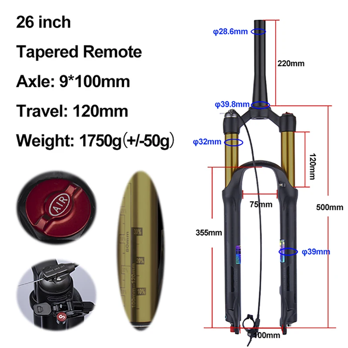 BOLANY R29 Horquilla de Bicicleta con Ajuste de Rebote Suspensión Delantera de Aire MTB 26/27.5/29 Pulgadas Recorrido de 120 mm Horquilla de 9x100mm Liberación Rápida Accesorios para Bicicletas Hor 12