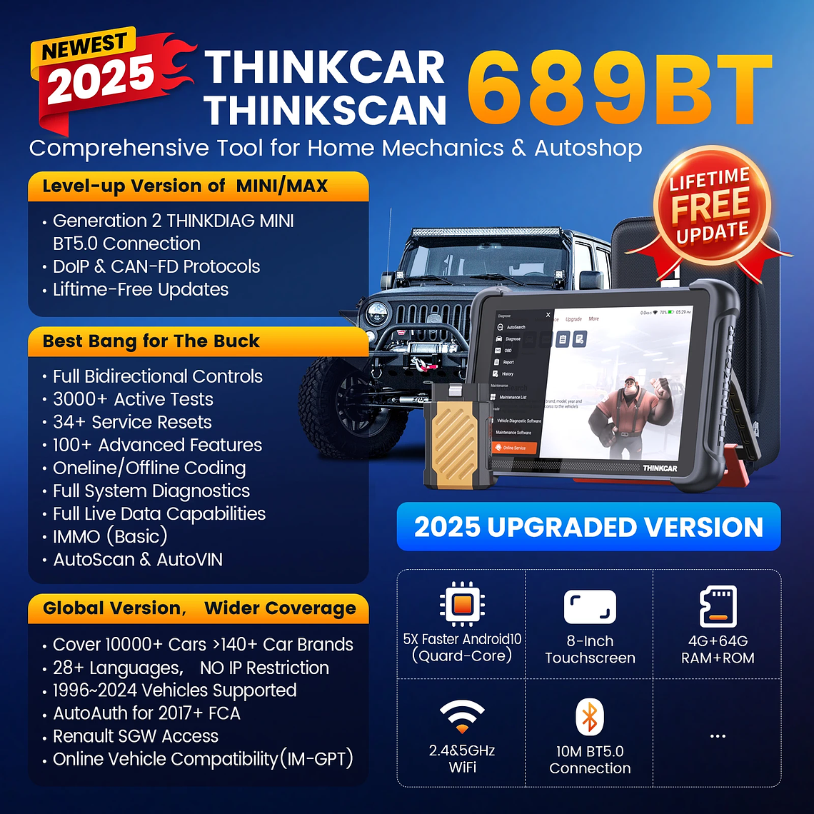 Programación de llaves THINKCAR THINKSCAN 689BT con KEY 101 Herramienta de diagnóstico automotriz Escáner OBD2 bidireccional Codificación de ECU CANFD DOIP 34 Restablecimiento completo Vida útil  11